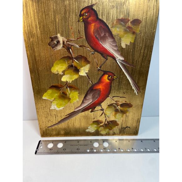 MCM Hand Painted Birds on Gold Leaf Background Original Acrylic VTG 10x7.75" - Picture 5 of 6